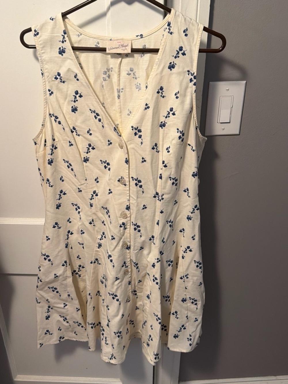 Sleeveless Cream Dress with Blue Floral Print - Button Front